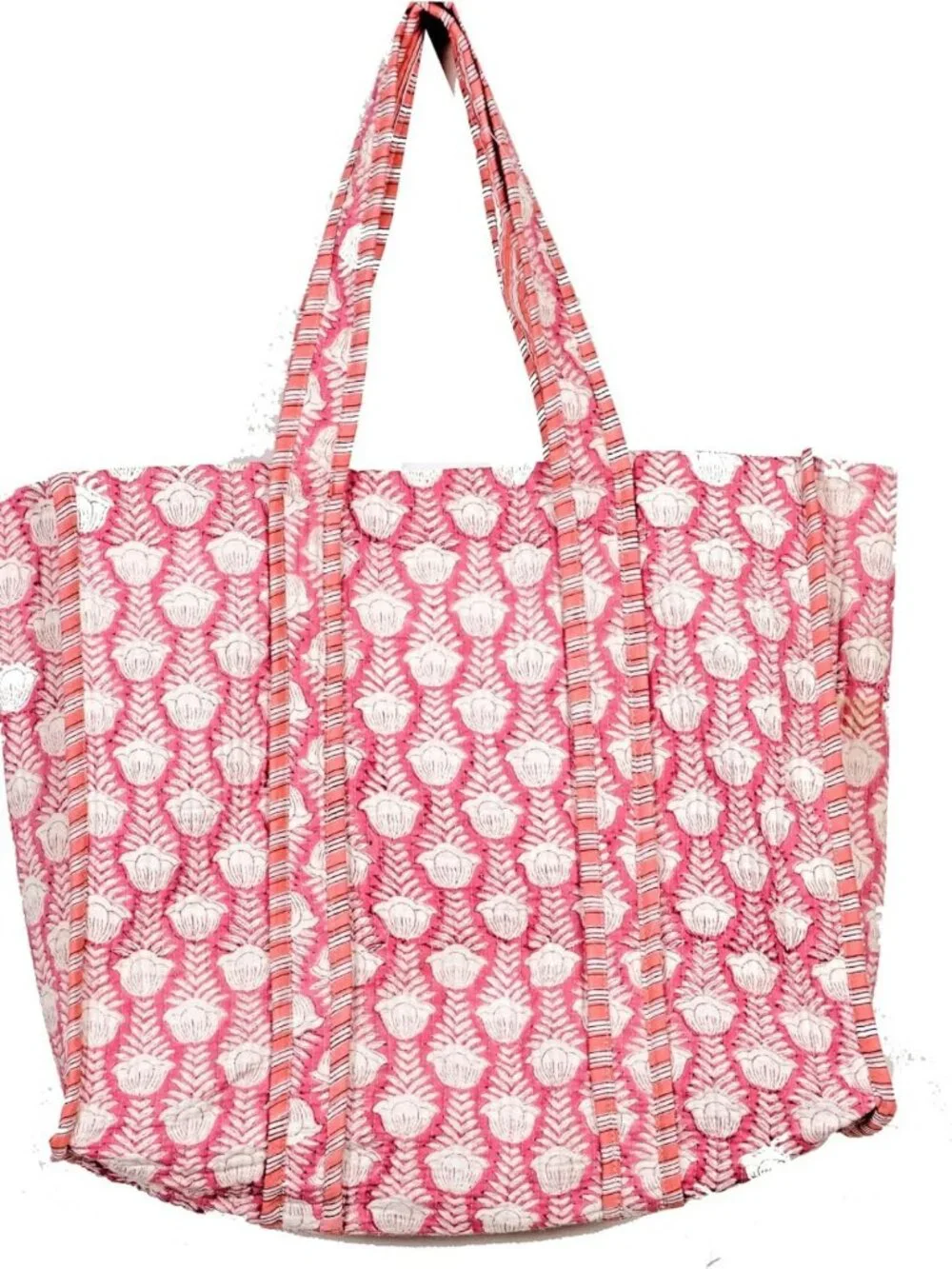 Reversible Large Floral Tote Bag - Handprinted Quilted Cotton, Multicolor Design